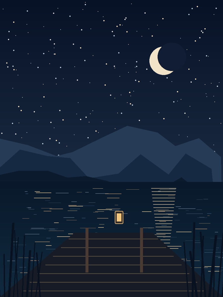 A crescent moon above a quiet mountain lake and lantern-lit wooden dock