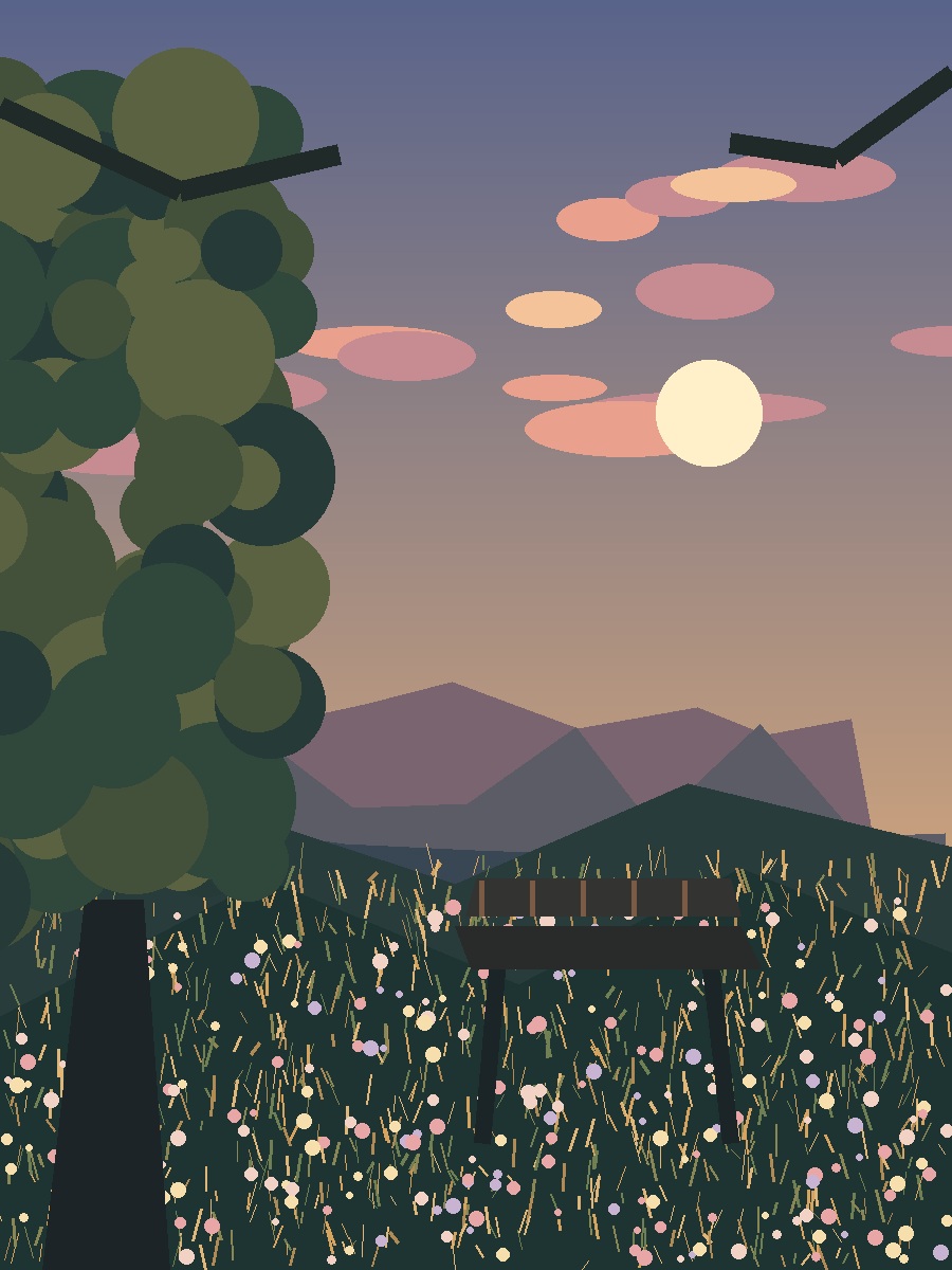 A warm sunrise over a flower-filled hillside with a quiet bench beneath a tree