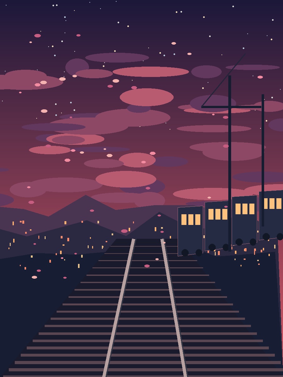 A train crossing railway tracks beneath a violet and rose-coloured dusk sky